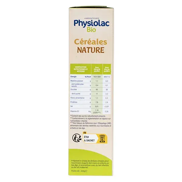Cereal instantâneo orgânico Physiolac para crianças a partir de 4 meses, 200g