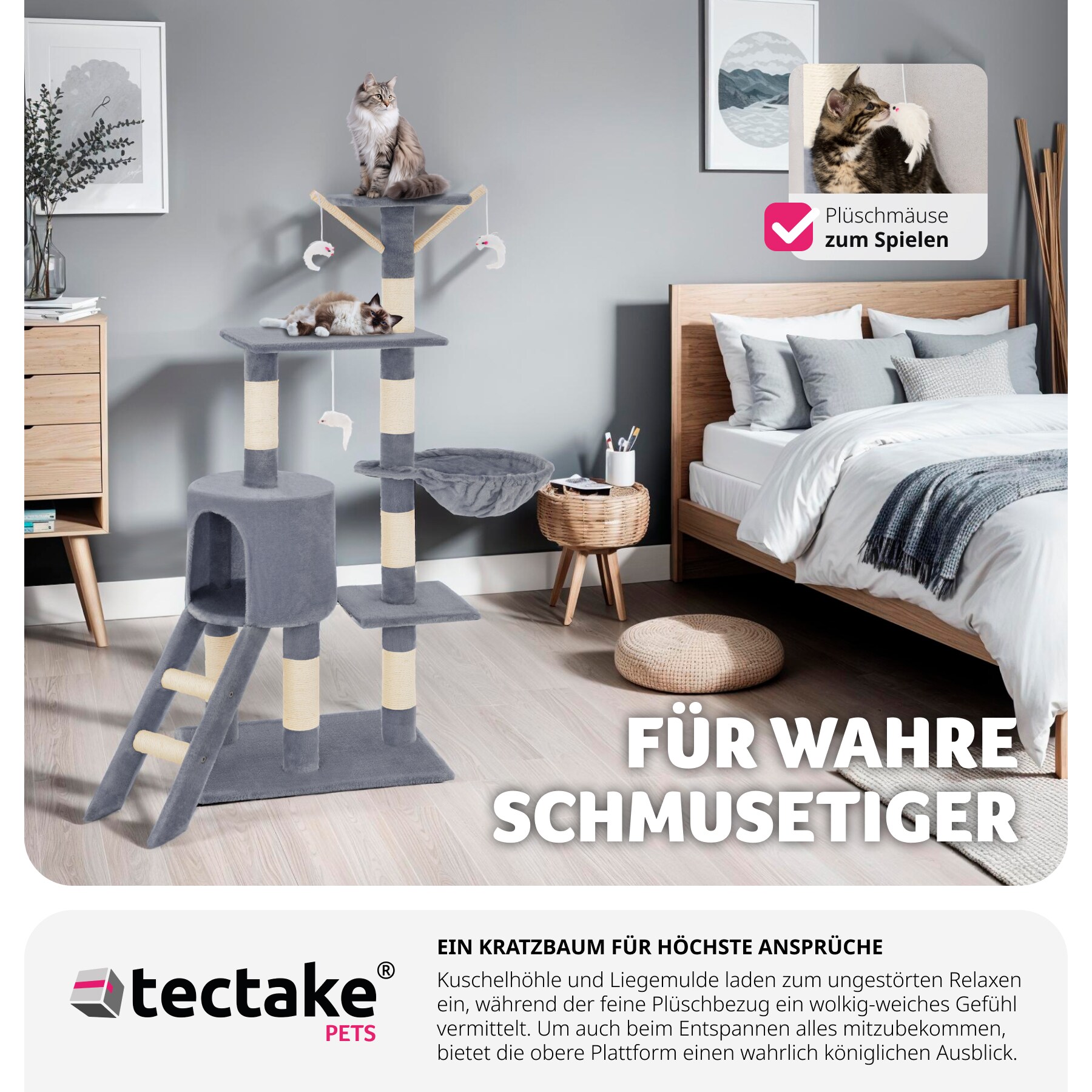 tectake® Kratzbaum, 144 cm, mit Katzenhaus, inklusive Treppe, 3 Spielmäusen und Kippschutz
