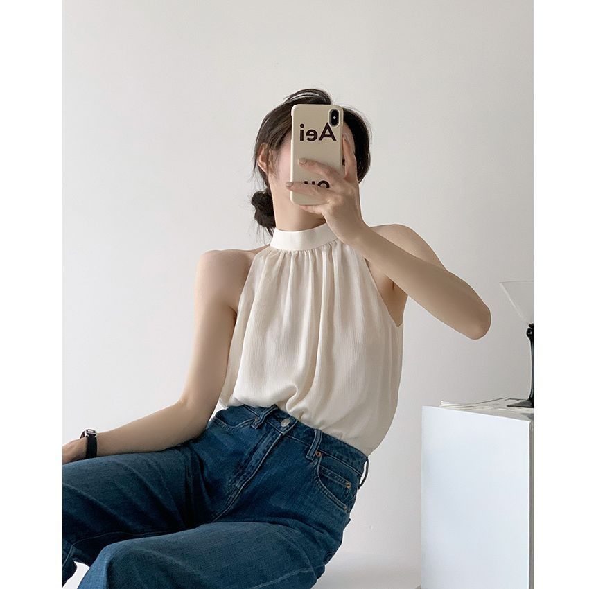 Bamela - Mouwloze blouse met col en effen kleur
