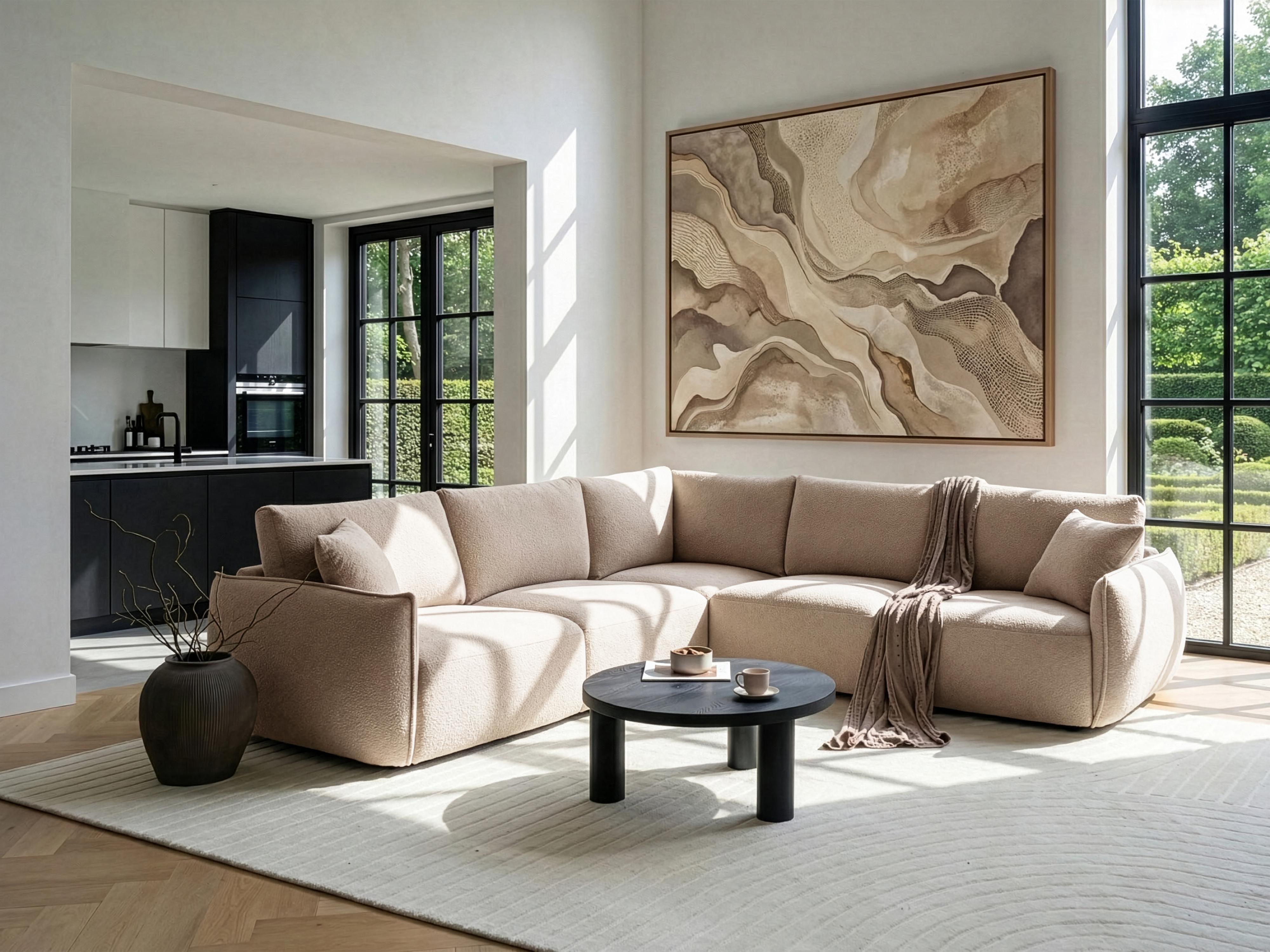 Modulaire hoekbank 5-zits MESNALI Bouclé Beige rechtszijdig