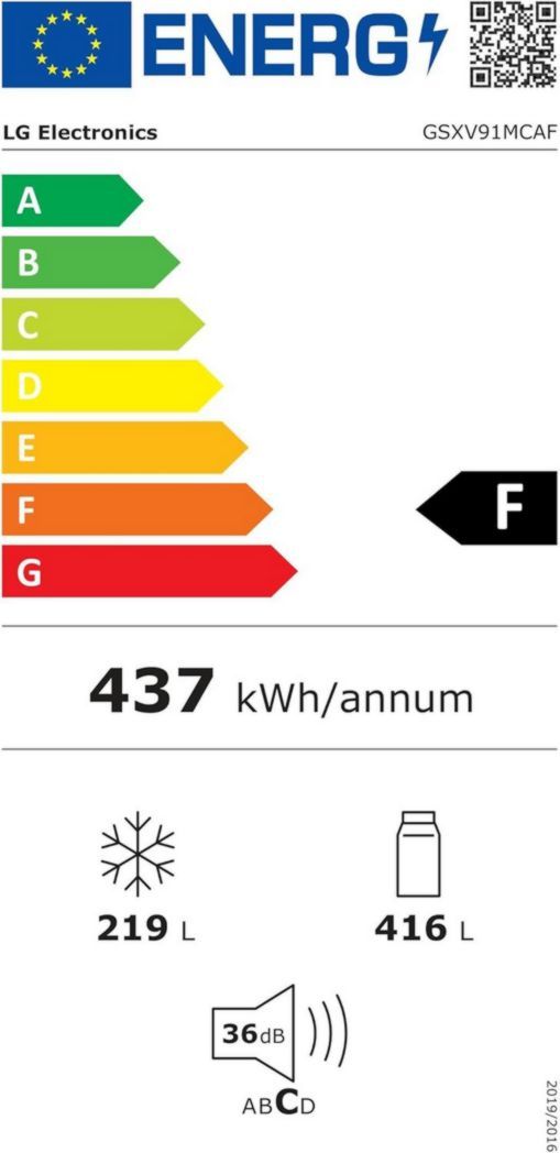 Réfrigérateur combiné LG GSXV91MCAF - Côte à côte, 635 L, InstaView, Total No-Frost, compartiment congélateur, distributeur d'eau et de glaçons UVnano, compresseur à onduleur linéaire, Wi-Fi, noir, classe F