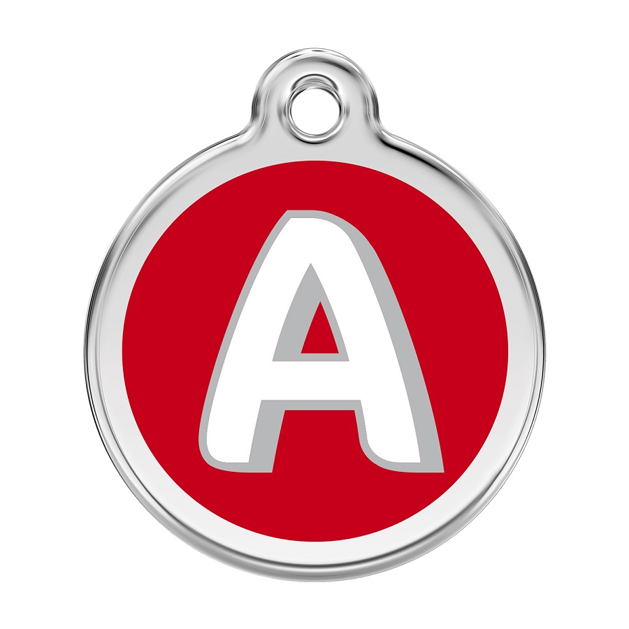 Placa de identificação para cães em aço inoxidável esmaltado com a letra A do alfabeto, vermelha.