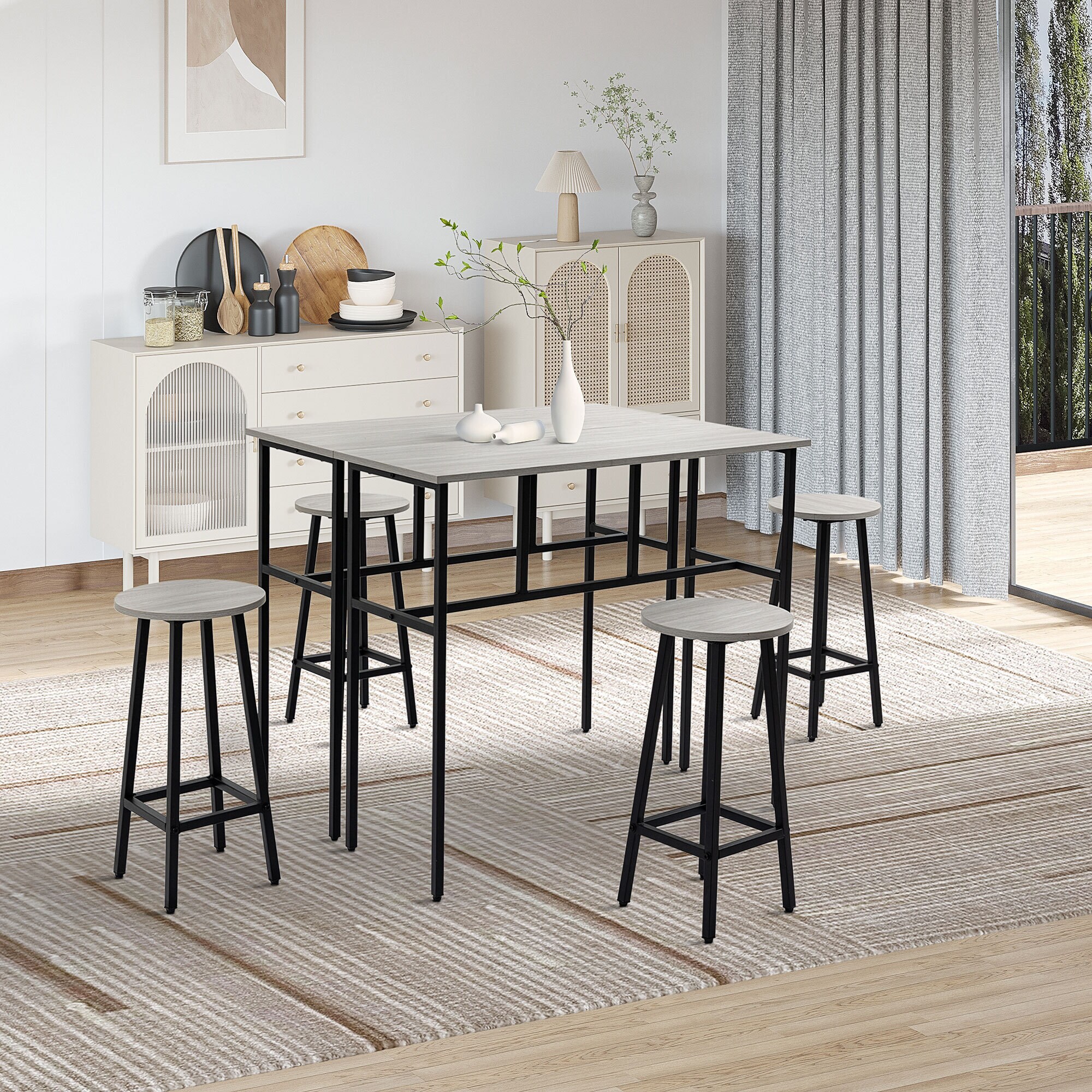 HOMCOM Bartisch-Set mit 4 Hockern schwarz, grau 100L x 40B x 90H cm
