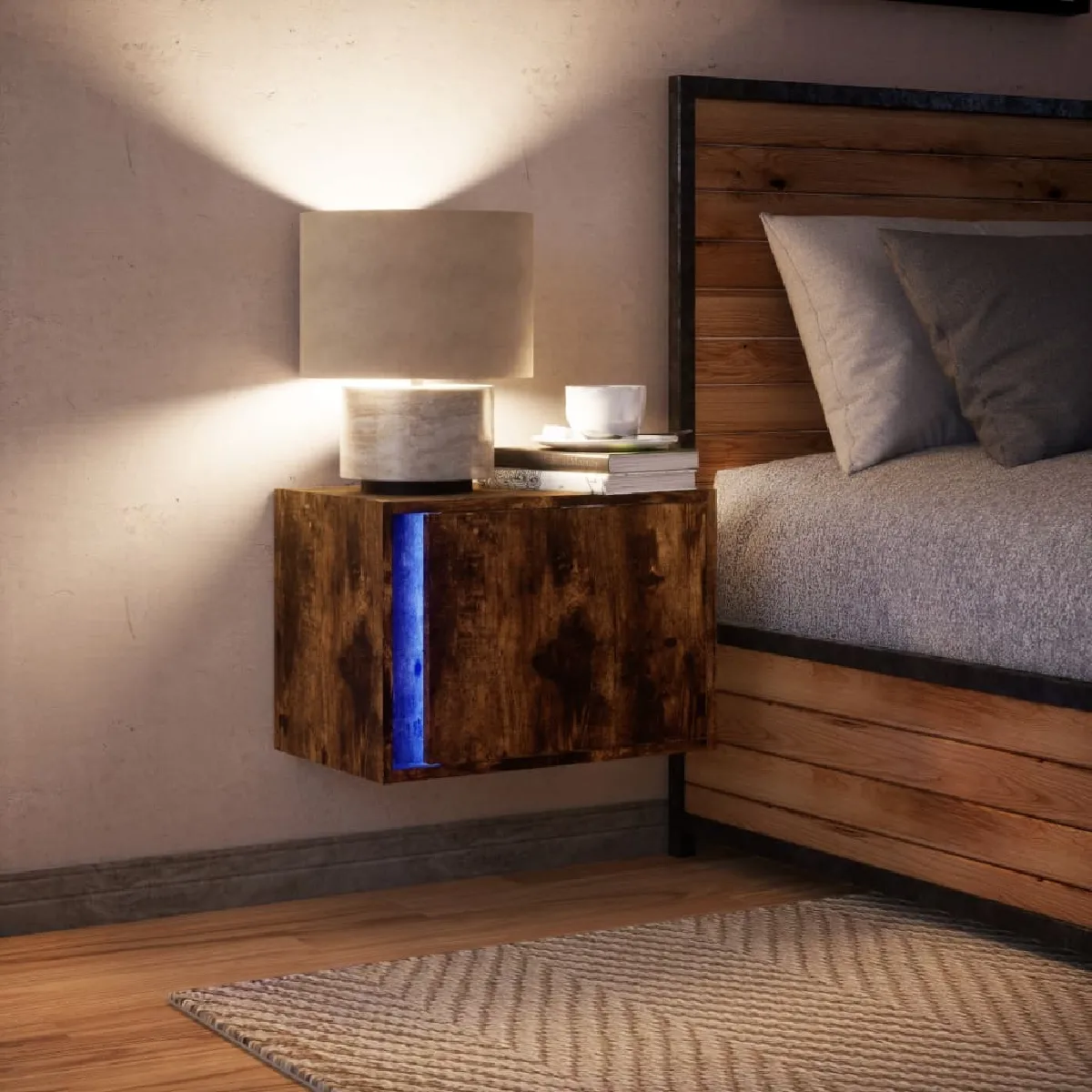 vidaXL Table de chevet murale avec LED Chêne fumé