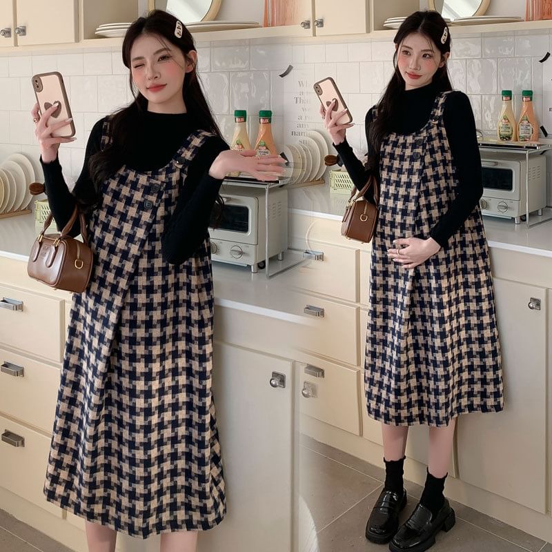 NOA - Zwangerschapsjurk met lange mouwen en een effen gebreide top met mockneck / Pied-de-poule midi-jurk / Set
