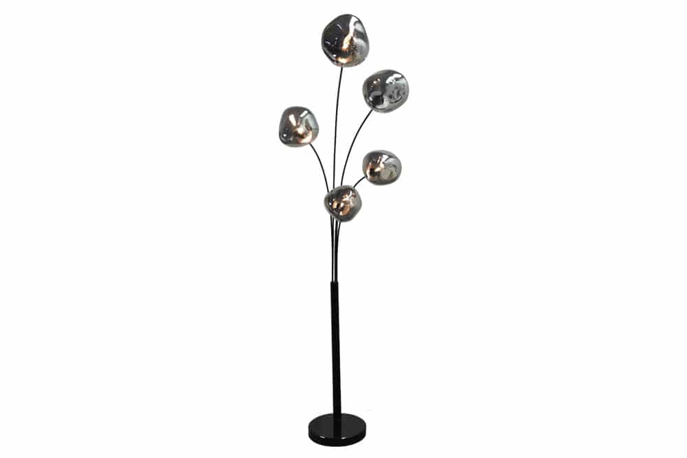 Design Stehlampe LIQUID DIAMOND 200cm schwarz smoke grau fünf Glasschirme mit Marmorfuß