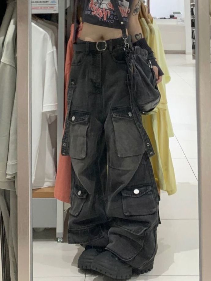 Kenning - Mid Rise Washed Wide Leg Cargo Jeans