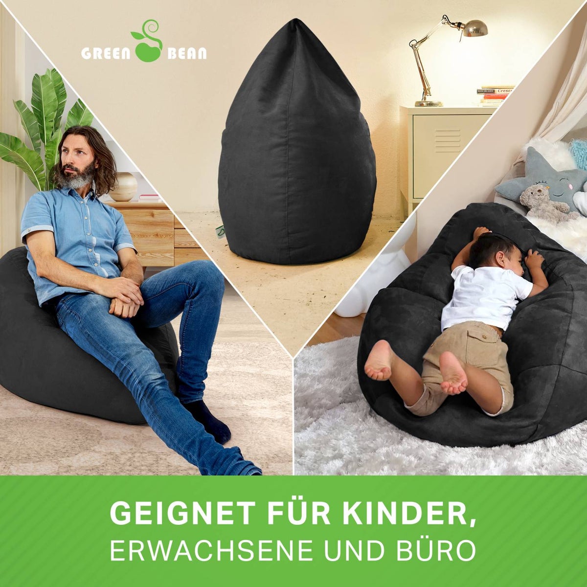 Green Bean zitzak met rugleuning 60x60x90cm - Binnenzitkussen 220L vulling, comfortabel, wasbaar - Zitzak vloerkussen, loungestoel, voetenbank - zwart
