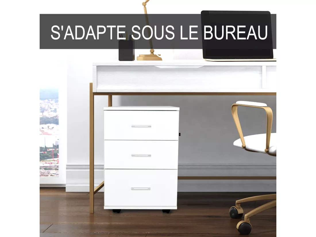 Caisson de bureau rangement bureau sur roulettes 3 tiroirs verrouillables dim. 40L x 41,5l x 61,5H cm blanc