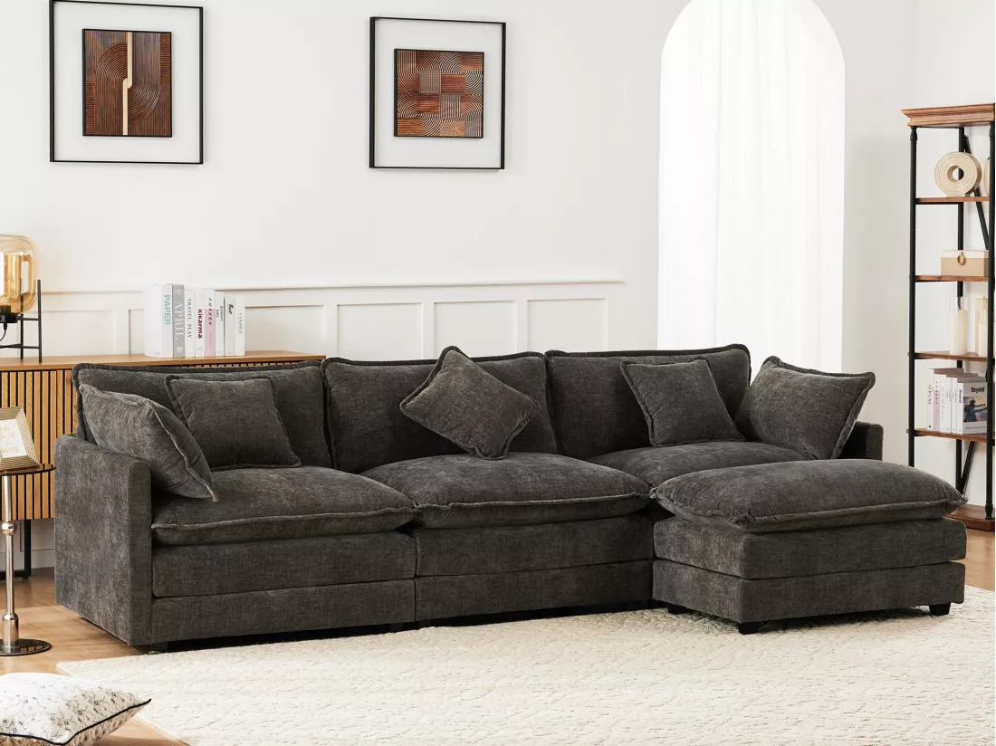Canapé d'angle 3 places en chenille - avec un repose-pieds modulable - Gris