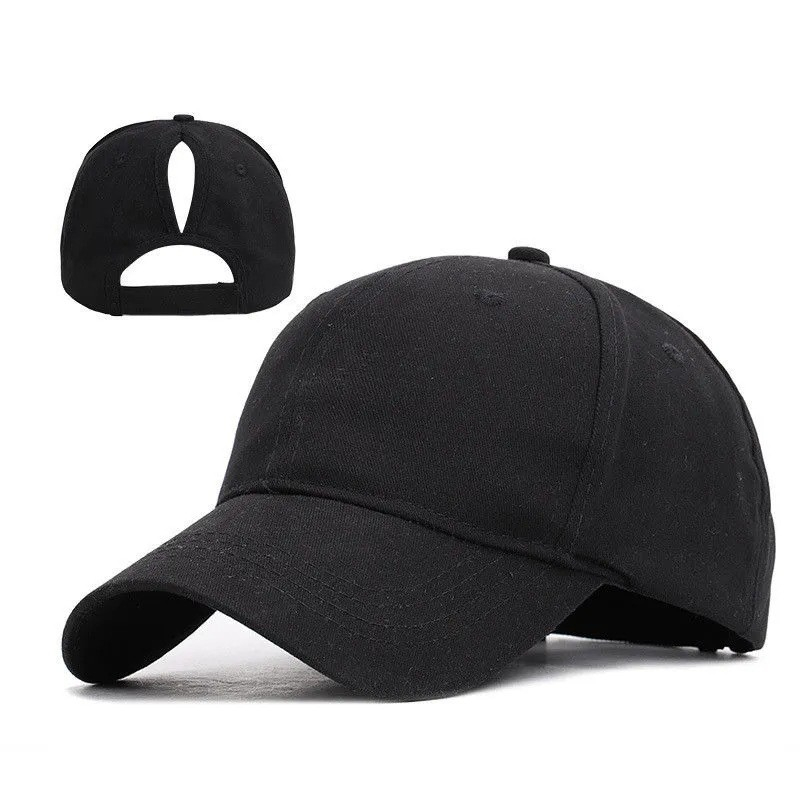Baumwoll Unisex Baseball Cap Verstellbare Mütze Accessoire mit Zopfloch (One Size) - Schwarz