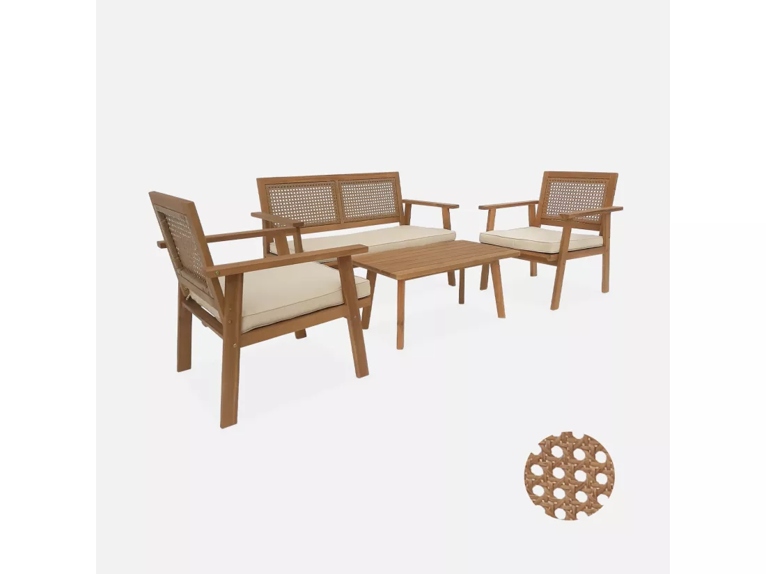 Salon de jardin. Bohémia. cannage rond. canapé 2 places. 2 fauteuils. 1 table basse 117x64x74 cm