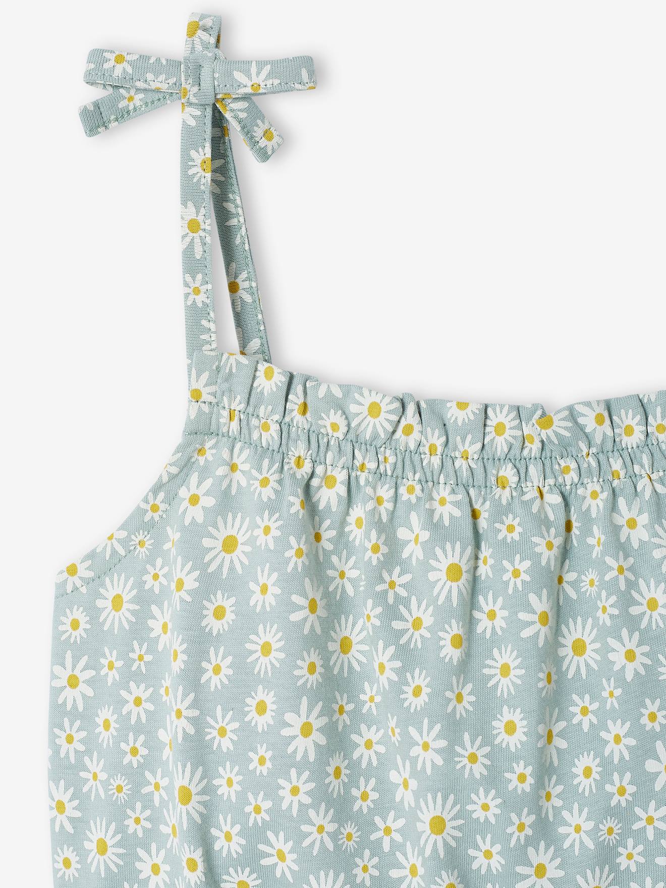 Macacão curto com alças e estampa exótica, para meninas, estampa amarelo escuro.