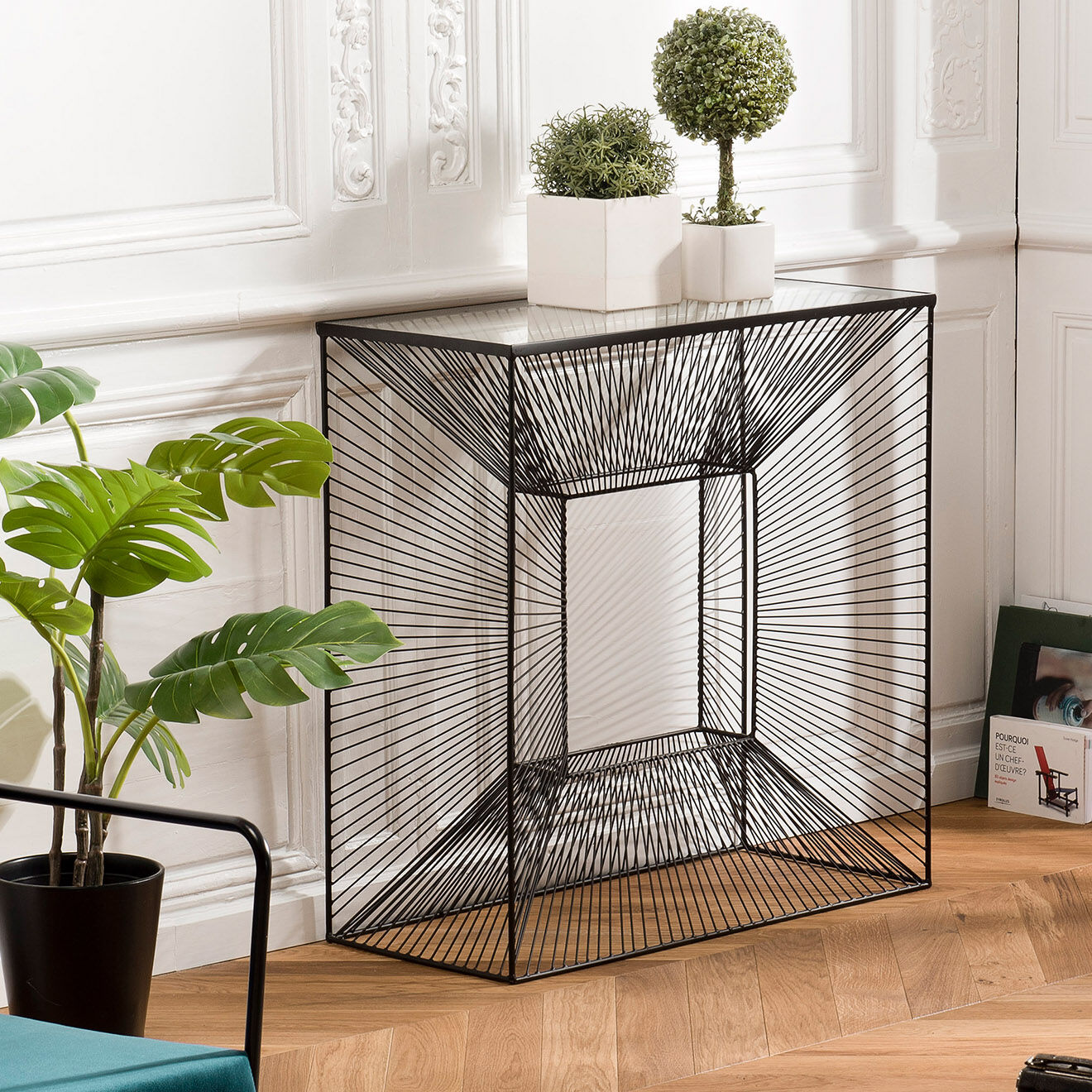 Macabane Console en métal avec plateau verre noire - 80.5x35.5x81 cm