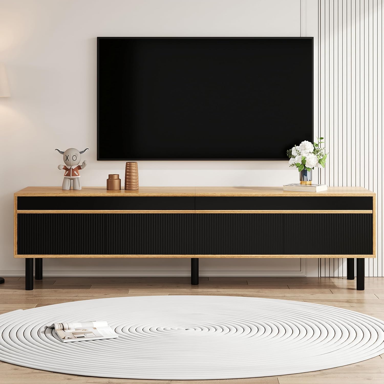 170cm TV Lowboard mit 3 Türen, Stilvolle TV Schrank, Fernsehschrank für Fernseher 65 Zoll, Fernseher Schrank für Wohnzimmer, Schwarz und Naturholz