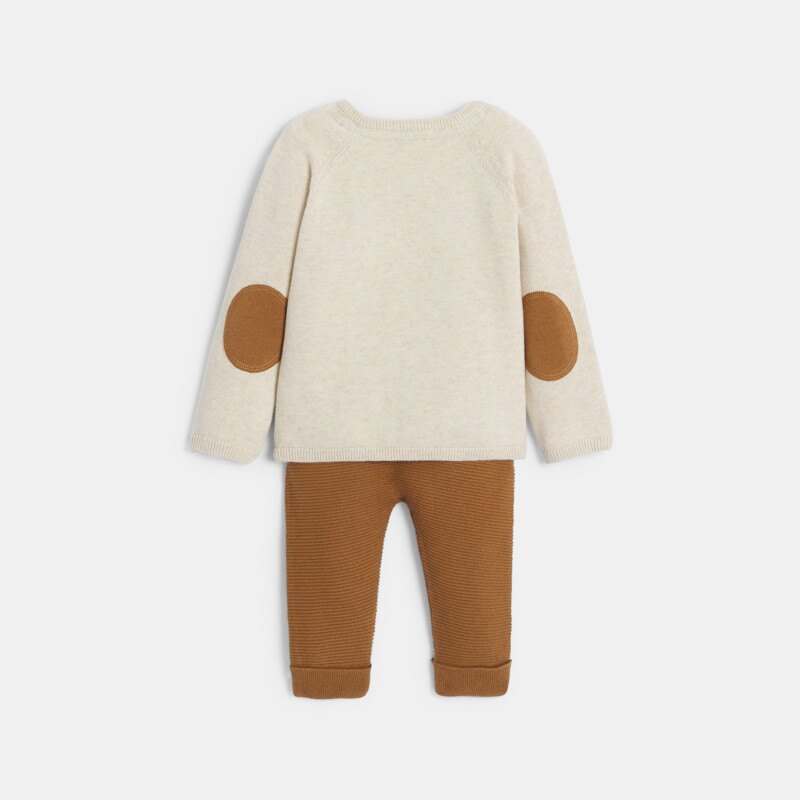 Pull maille tricot ours et pantalon maille marron bébé garçon Beige