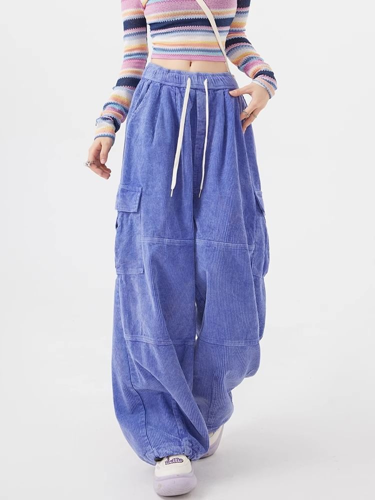 Vhancy - Corduroy cargobroek met lage taille en wijde pijpen