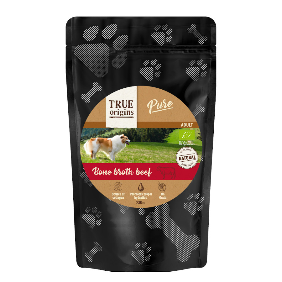 Sachê de caldo de osso de carne bovina puro True Origins para cães