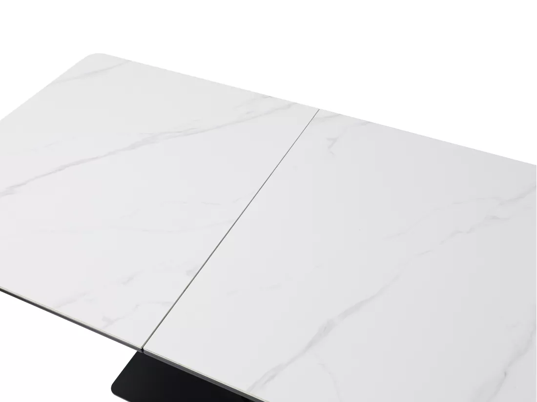 Table à manger extensible 6 à 8 personnes en céramique, MDF et métal - Effet marbre blanc et Noir - MERIANI
