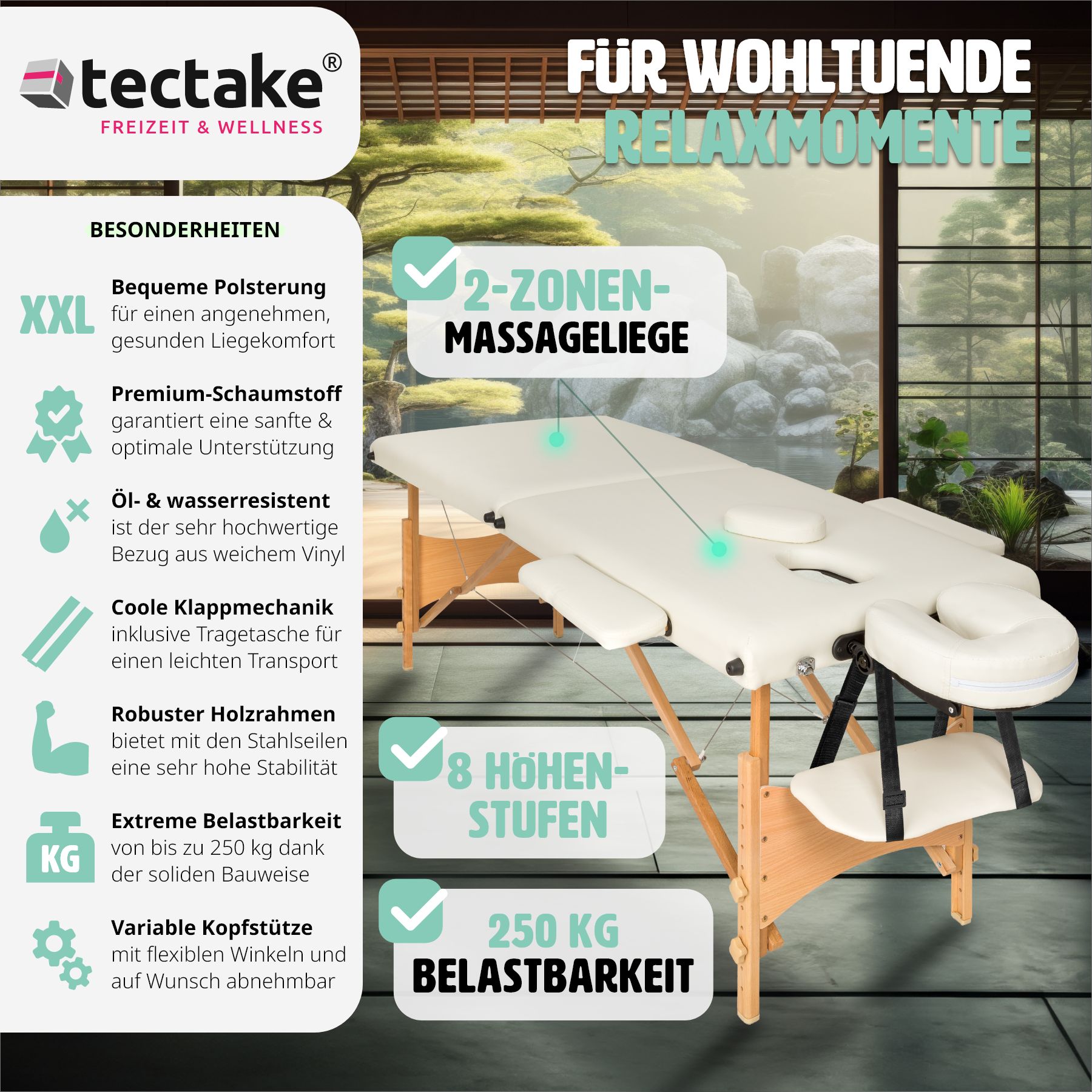 tectake® 2 Zonen Massageliege, mit Holzgestell, verstellbare Ablagen für Kopf und Arme, 210 x 95 x 62 - 84 cm