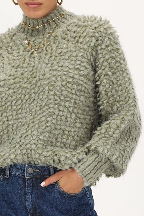 Groene boucle trui met ballonmouwen