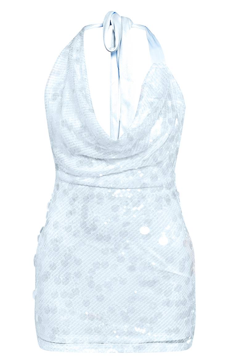 Bleu Layette Robe Mini Col Bénitier À Grands Disques Sequins