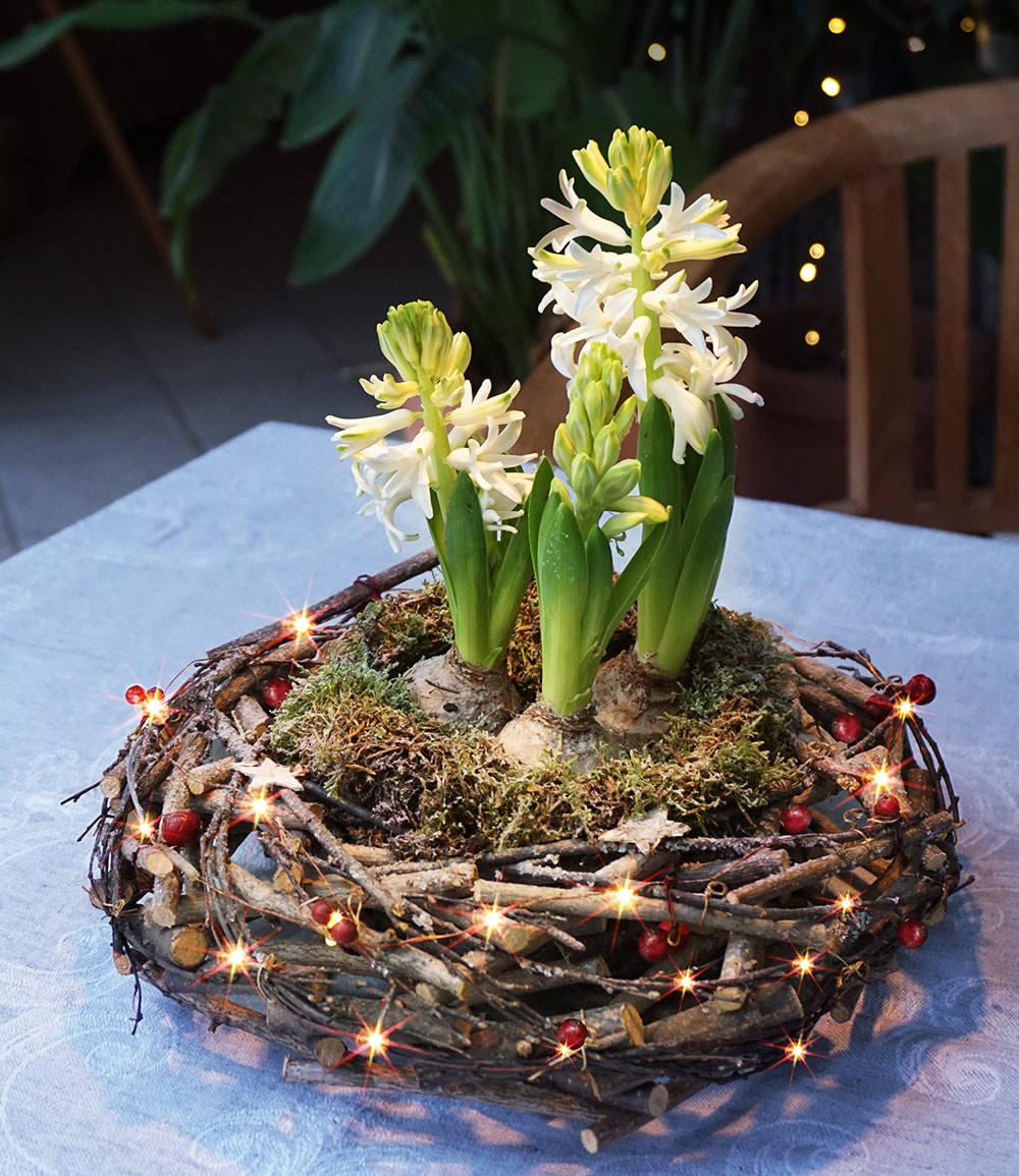 Kranz mit LED Lichterkette und 3 weißen Hyazinthen