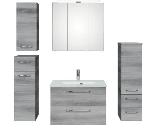 Pelipal Kumba badkamermeubelset (B x H x D): 137 x 200 x 50 cm, grafiet getextureerde fronten, 5-delige set inclusief glazen wastafel, hoge kast, onderkast en bovenkast (99.770326193)