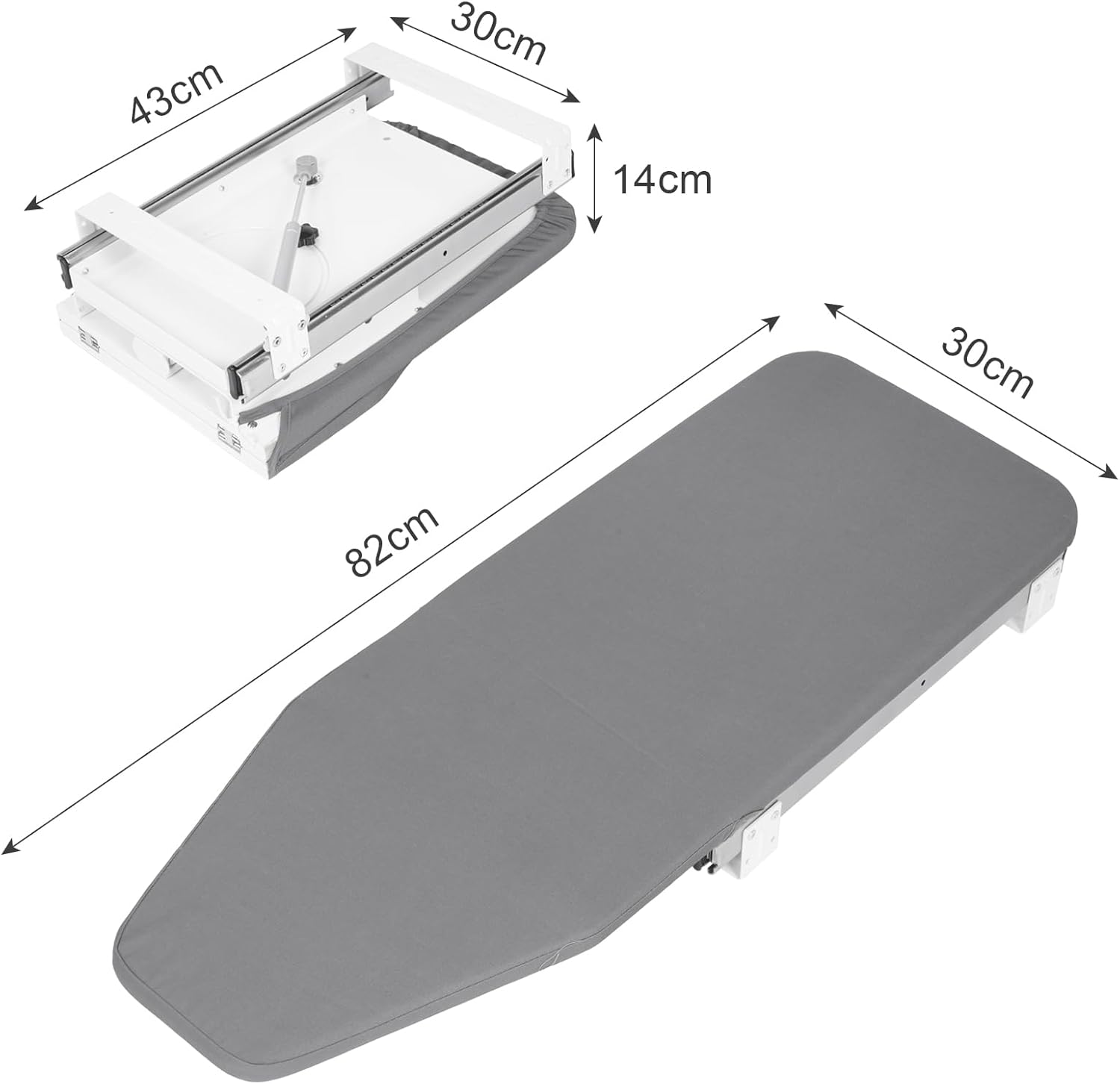 uyoyous 180° Drehung Ausziehbares Bügelbrett Faltbares Bügelbrett Schrank mit Hitzebeständige Baumwollabdeckung Bügelbretter für Schublade Garderobe Klappmaß L43cm x B30cm x H14cm Grau