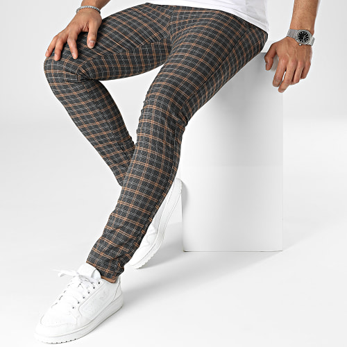 Pantalon Chino A Carreaux Bleu Marine Marron