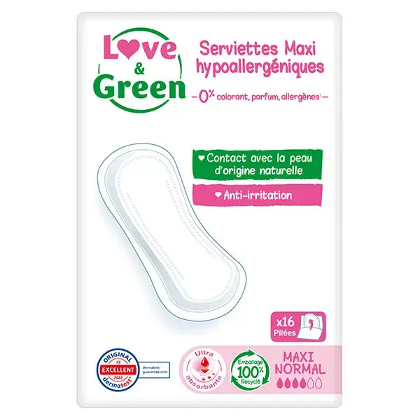 Absorventes higiênicos hipoalergênicos Love & Green Maxi Normal, pacote com 16 unidades.