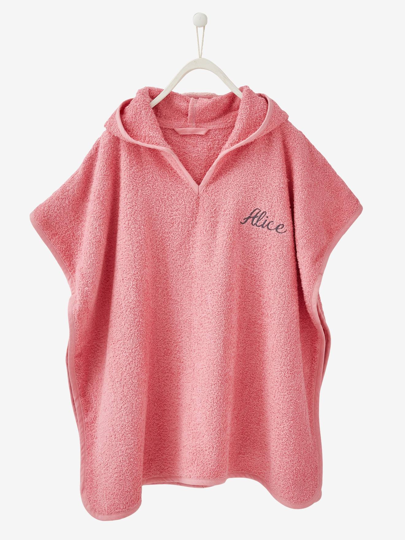 Poncho de banho liso rosa escuro com estampa de unicórnio.