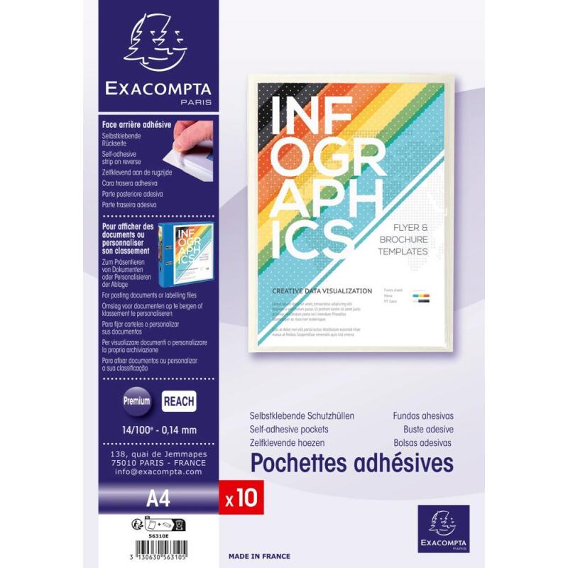 Sachet de 10 pochettes adhésives PVC lisse 14/100e - A4 - Cristal