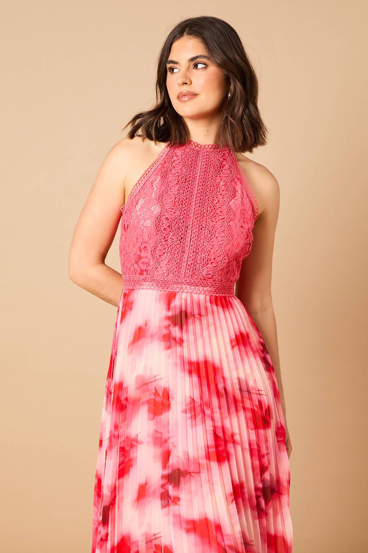 Oasis Robe Mi-Longue Imprimée à Col Halter en Dentelle
