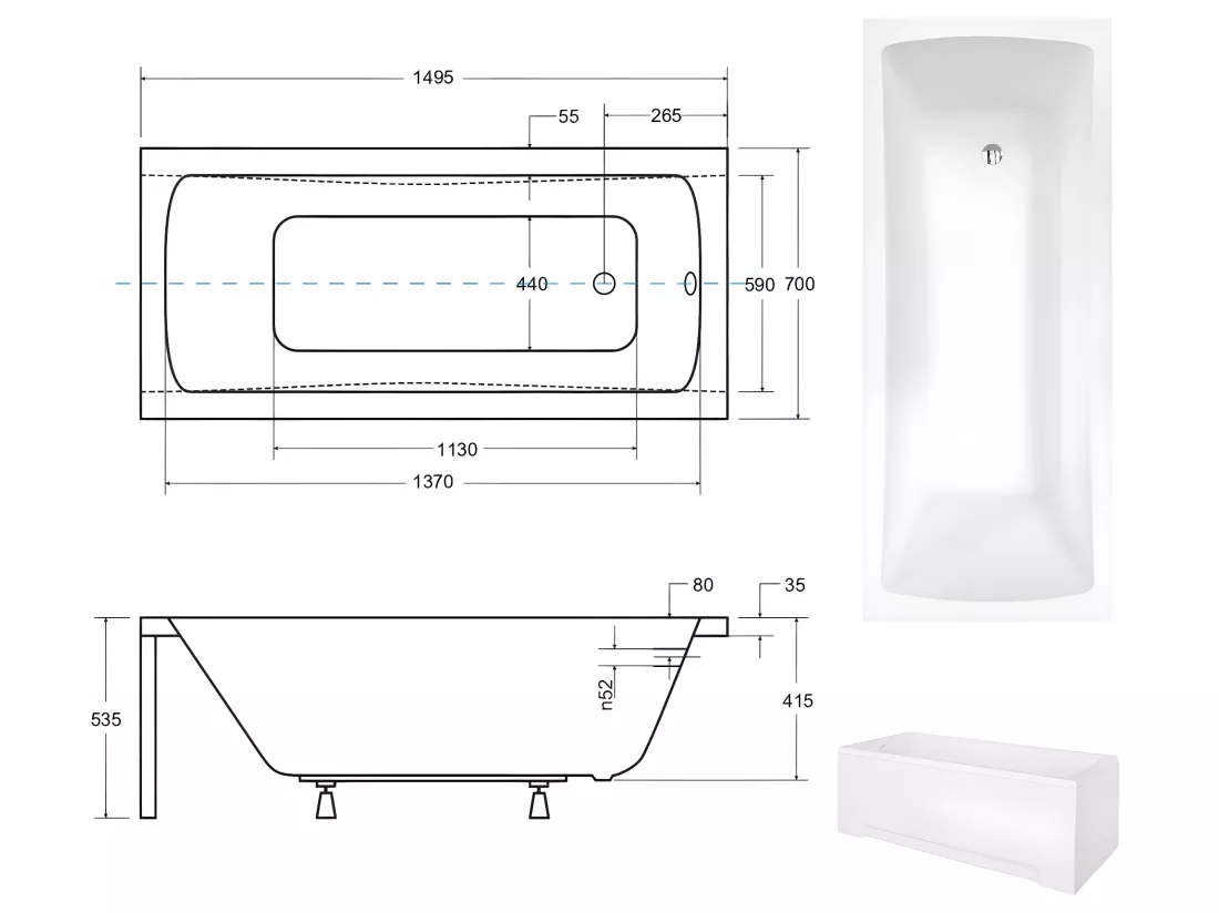 Baignoire rectangulaire + tablier blanc + repose tête - OPTIMA - 150 x 70 cm