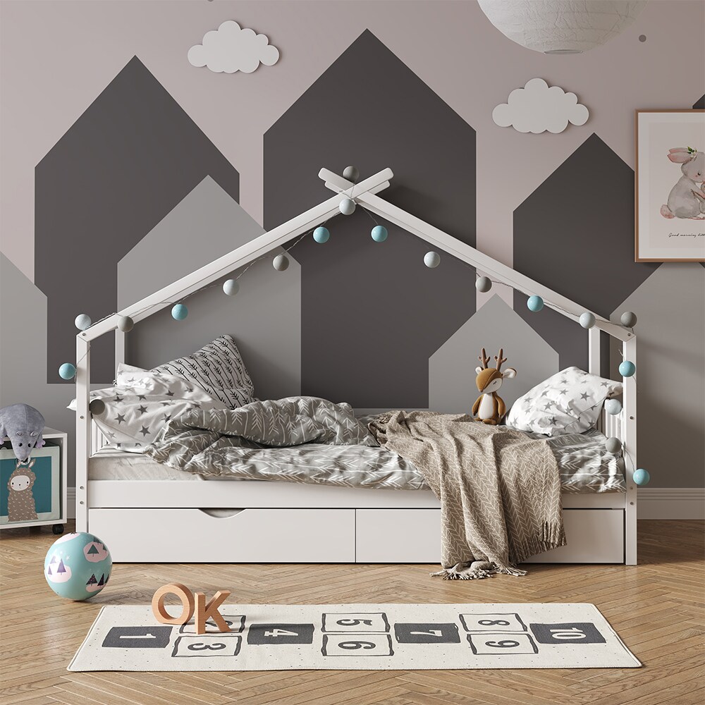 VITALISPA Kinderbett DESIGN Hausbett Gästebett Lattenrost weiß 90x200 Matratze
