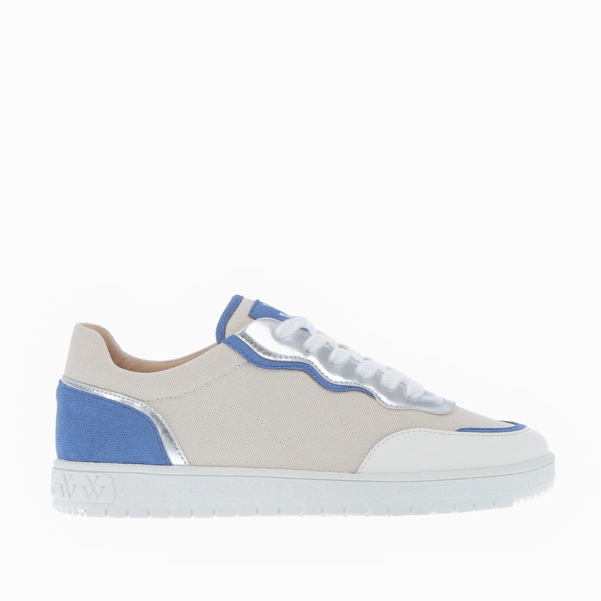 Sneakers-Baskets Enora en toile beige à détails bleu et argent