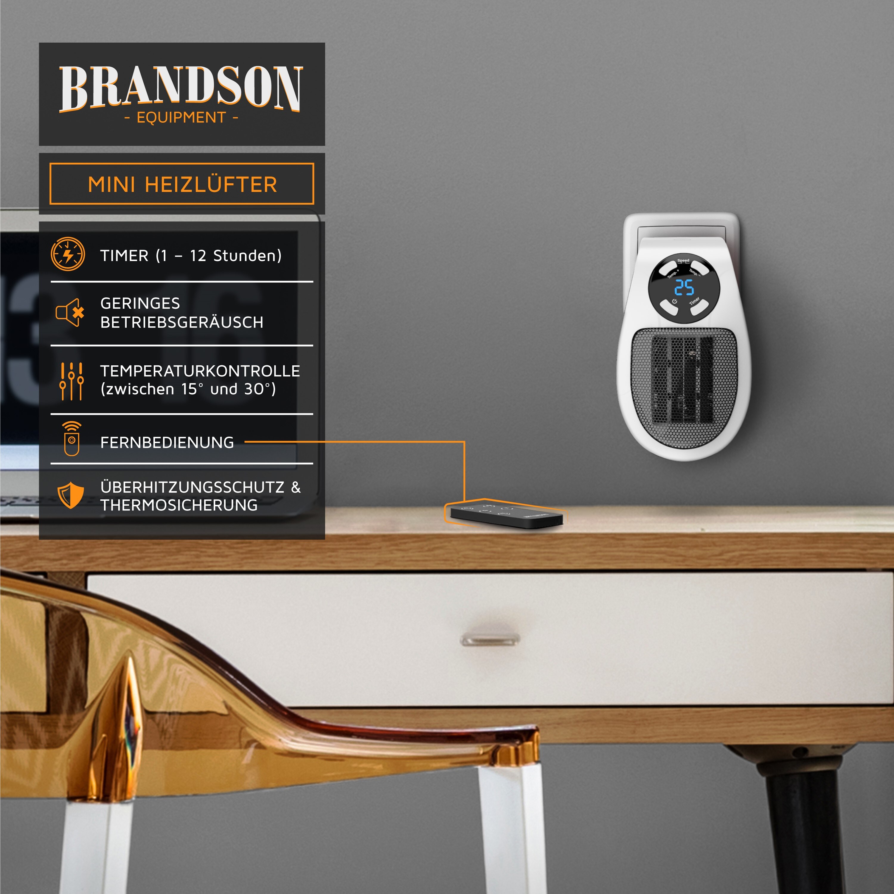 Brandson 500W Steckdosen Heizlüfter, Mini Keramikheizgerät mit Fernbedienung, Überhitzungsschutz, Automatische Abschaltung, Schwarz