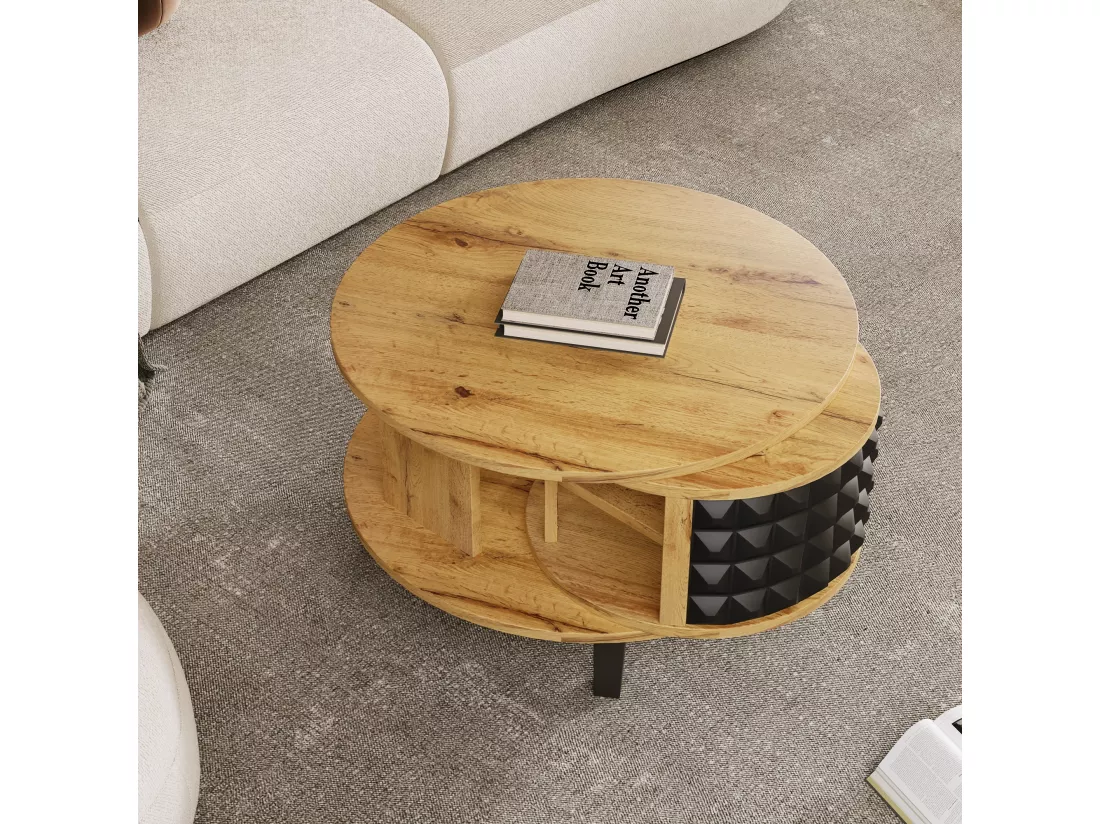 Table basse pivotante moderne avec rangement caché, design bicolore bois et noir