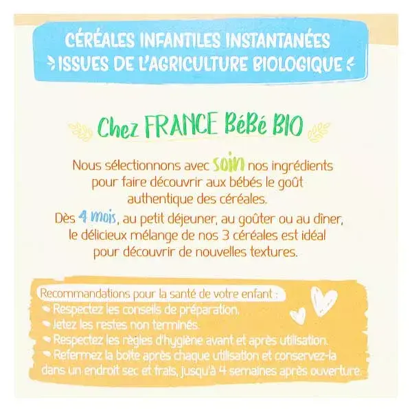 France Baby Nutrition 3 Grãos em Pó: Arroz, Milho-miúdo e Quinoa (Orgânico) +4 meses 200g