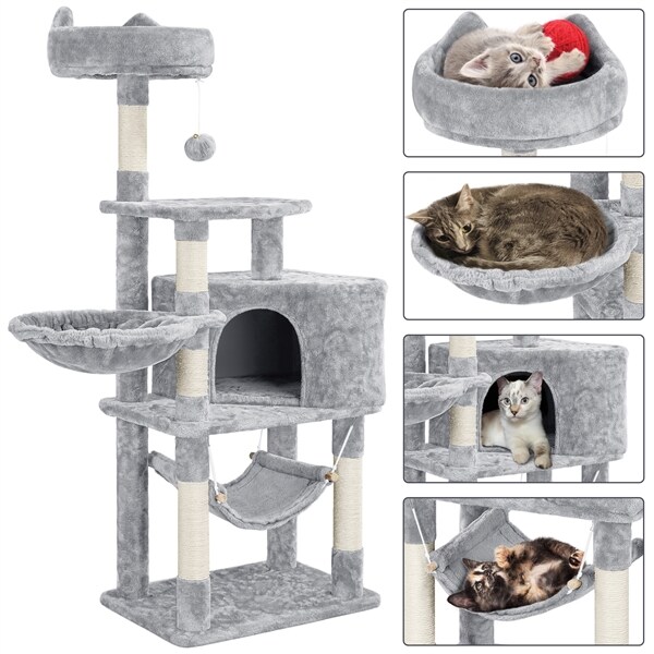 Yaheetech Kratzbaum Kletterbaum Plüsch Katzenkratzbaum Höhle Hängematte und Korb Stablier Katzenbaum für kleine und mittelgroße Katzen