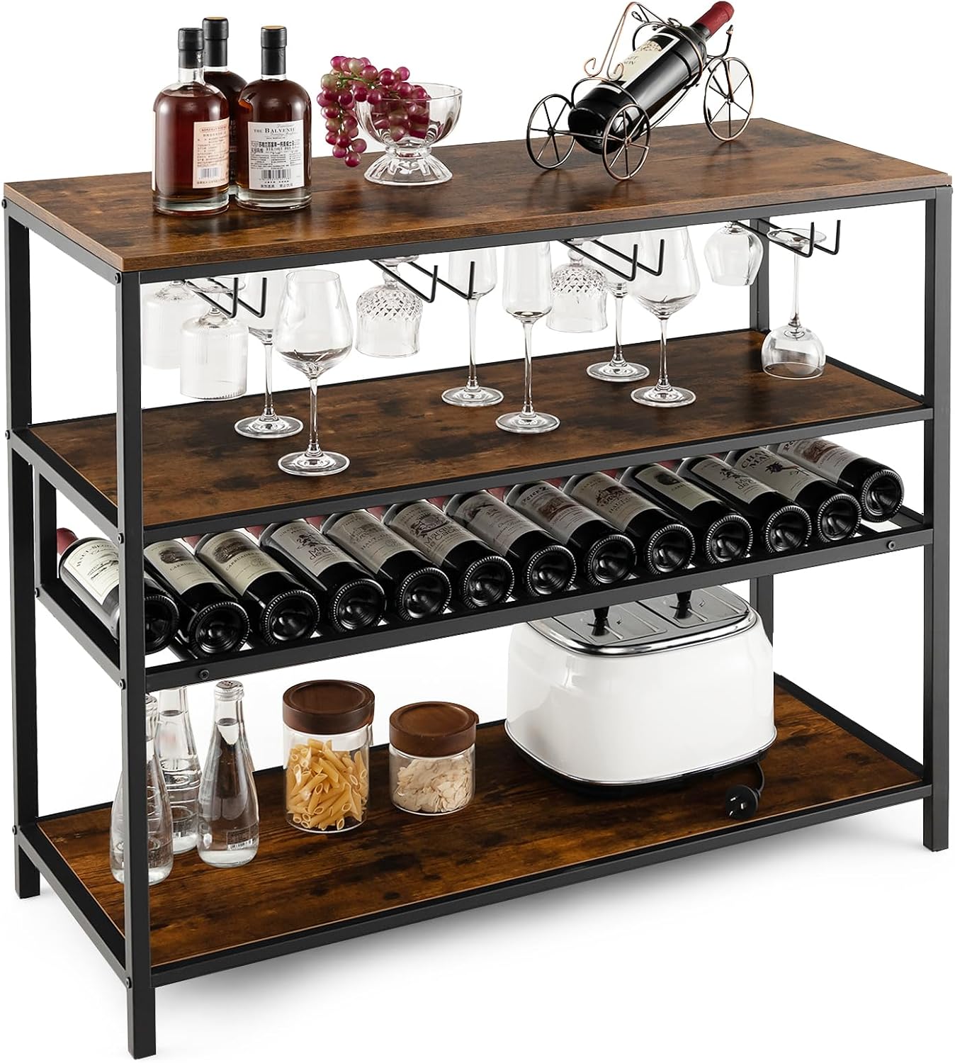 COSTWAY Weinregal, für 13 Weinflaschen, freistehender Flaschenregal mit 4 Reihen Glashalter, Weinschrank für Küche, Esszimmer, Buffet, rustikales Braun, Industriestil