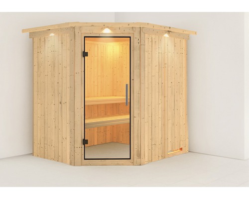 Plug & Play Sauna Karibu Achat VII zonder kachel, met dakrand en volledig glazen deur van helder glas