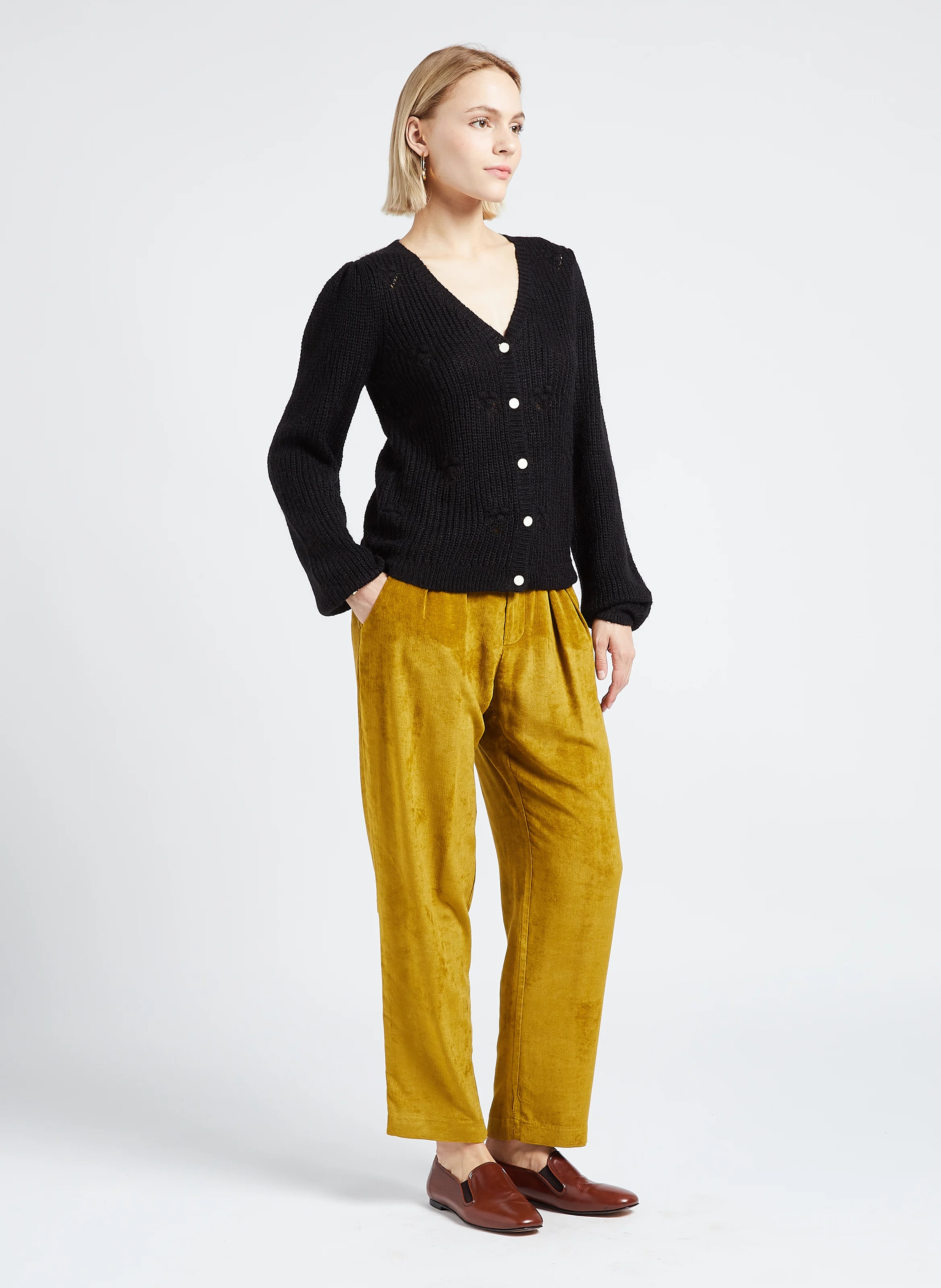 Pantalon fluide en velours côtelé| Vert