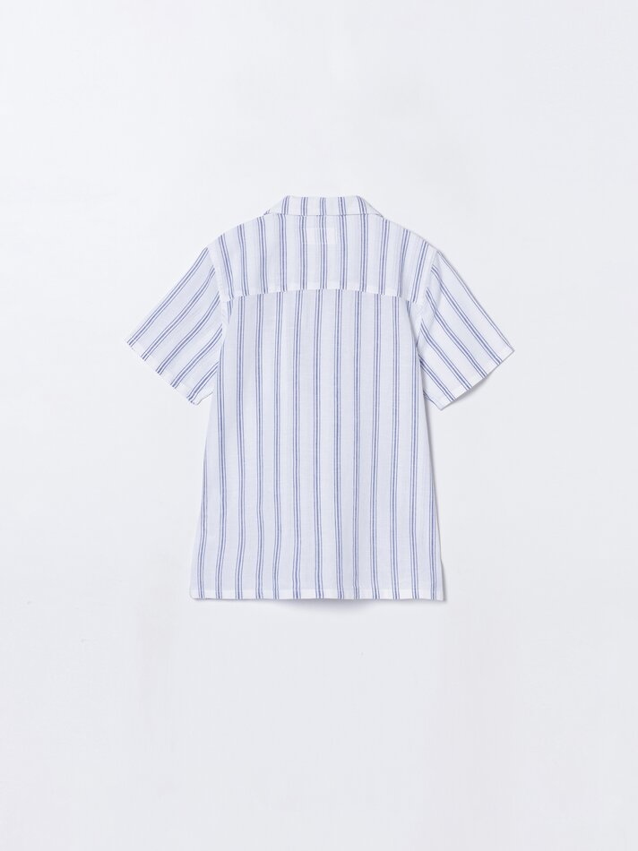 Camisa de manga curta em algodão e linho - Azul-marinho