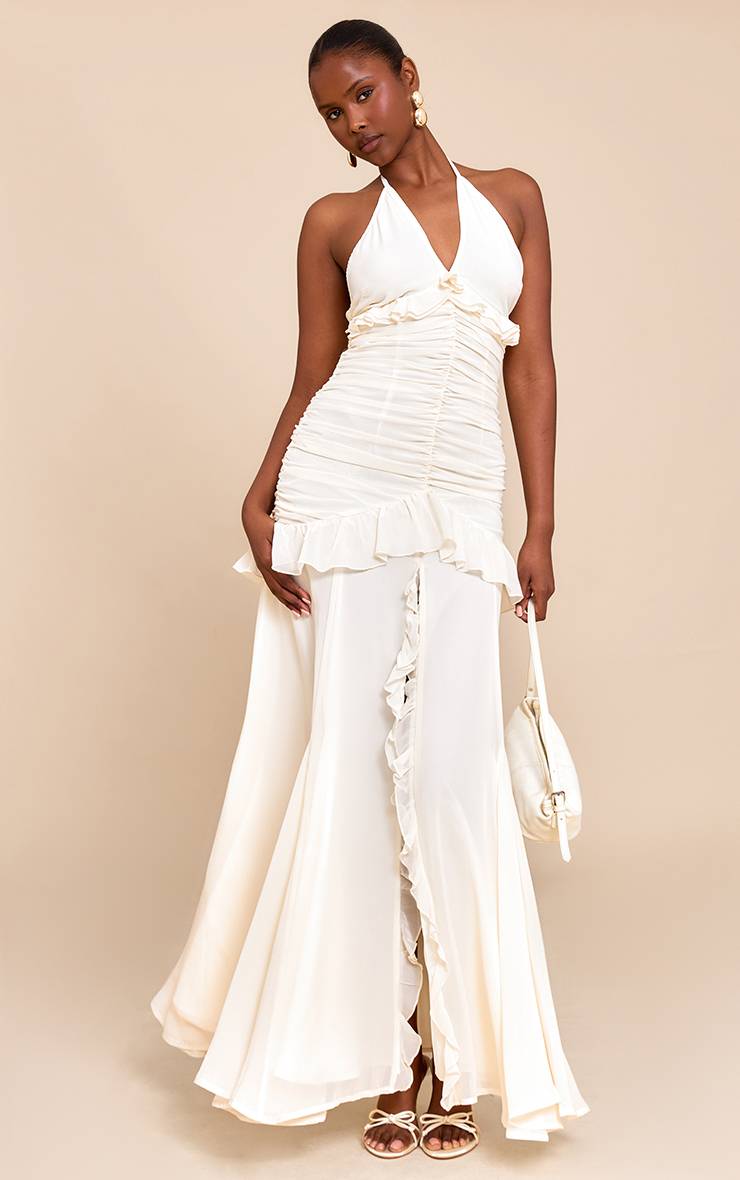 Crème Robe Longue Froncée À Volants Et Col Licou