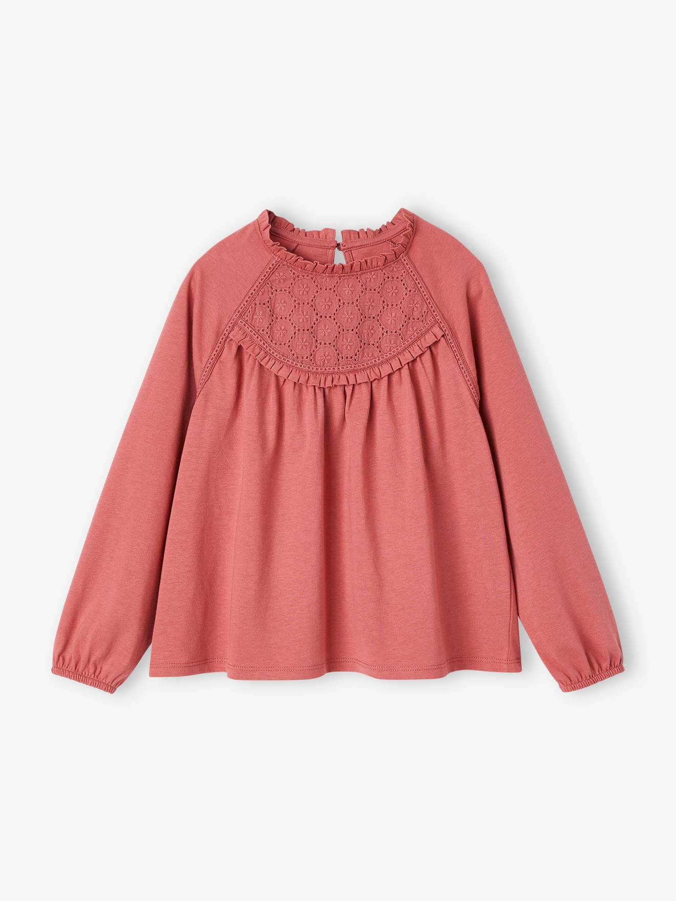 Blusa camiseta com detalhes em bordado inglês, cor cru, infantil.