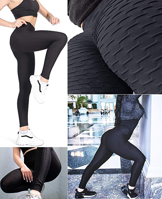 (Gr. S) Elastische Sport Push Up Leggings Wabenstruktur Shaping Stretch Hose für Frauen - Schwarz