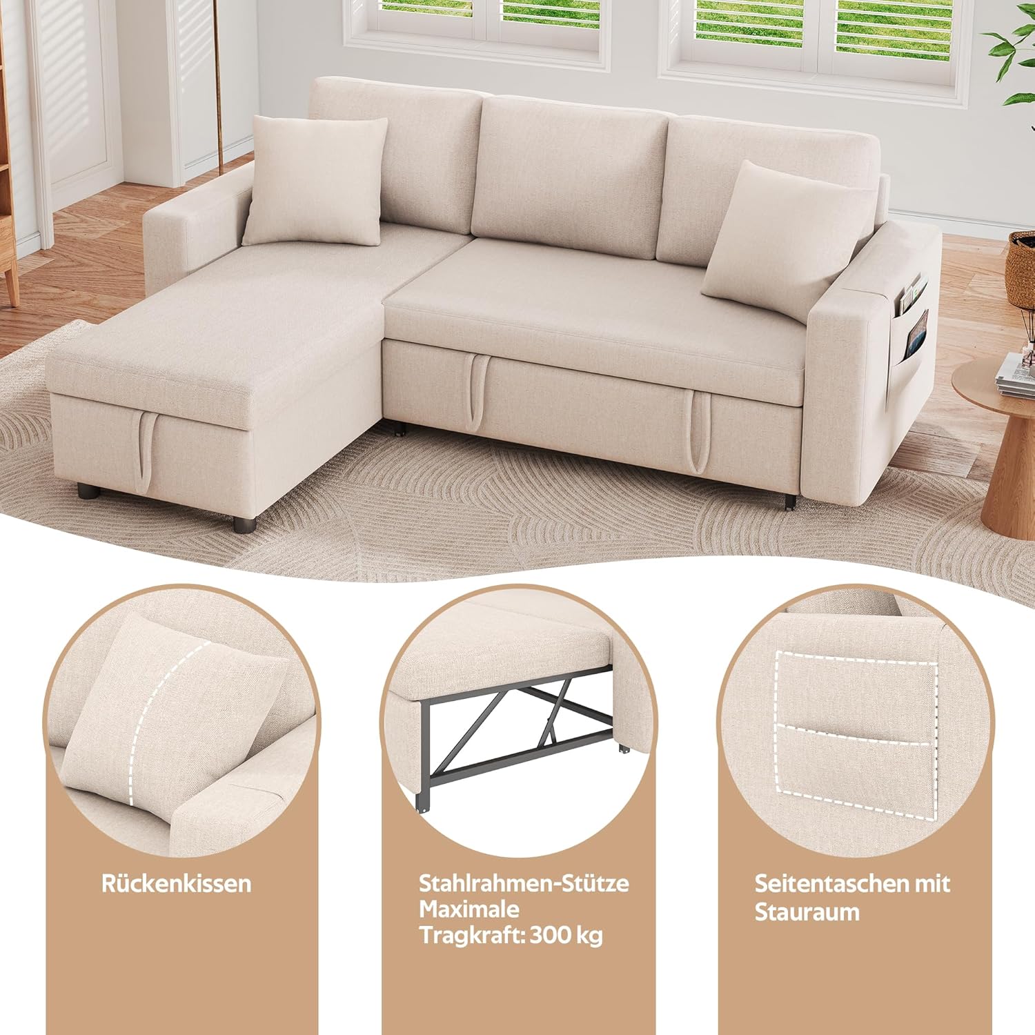 Schlafsofa mit Schlaffunktion, L-förmiges Sofa, Sofa-Chaiselongue mit Stauraum, mit Taschenaufbewahrung, Wohnzimmer-Schlafsofa, Links und rechts austauschbare Chaiselongue