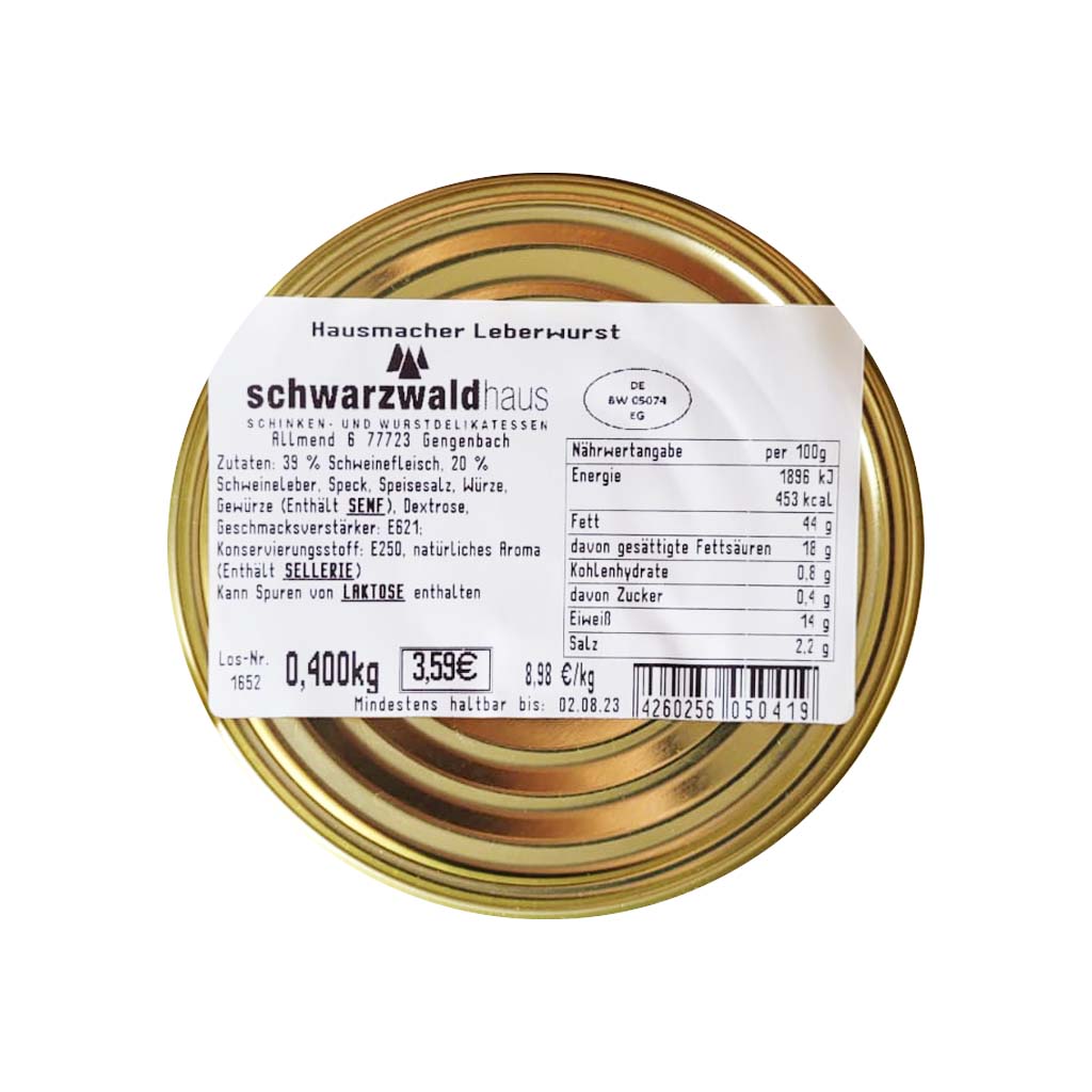 Schwarzwaldhaus Original Hausmacher Leberwurst 400g Goldglanzdose MHD:3.12.25